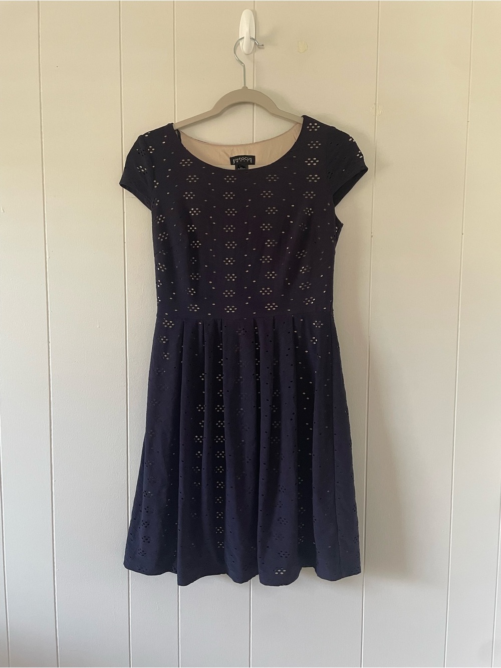 Enfocus Petite Navy Eyelet Fit & Flare Dress Short Sleeve Floral Cutout Size 6P